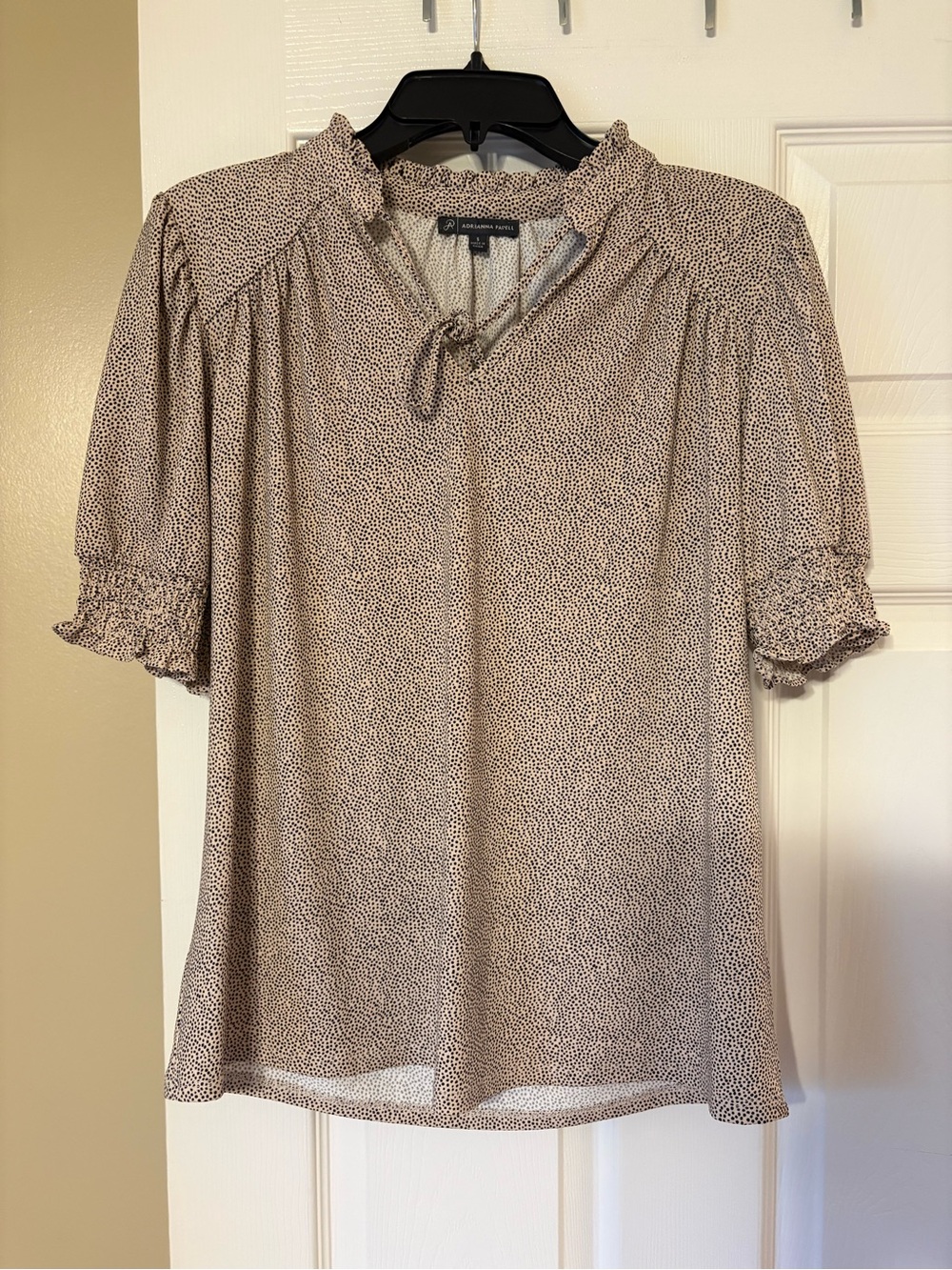 Adrianna Papell Cream and Black Dot Ruffle Tie-Neck Blouse